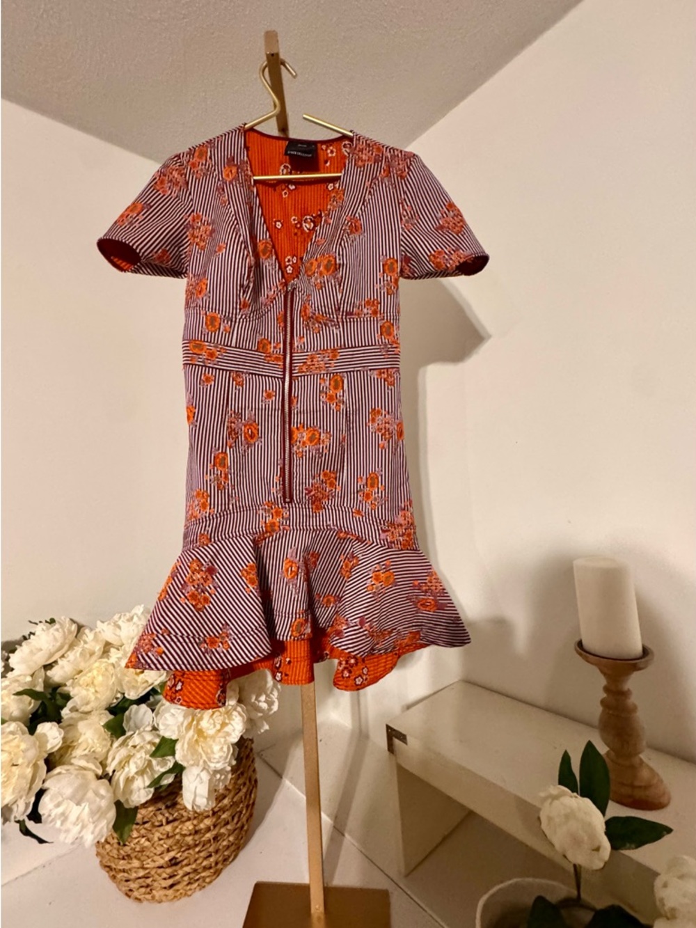 Striped Floral Ruffle Hem Mini Dress - Orange - Picture 2 of 6